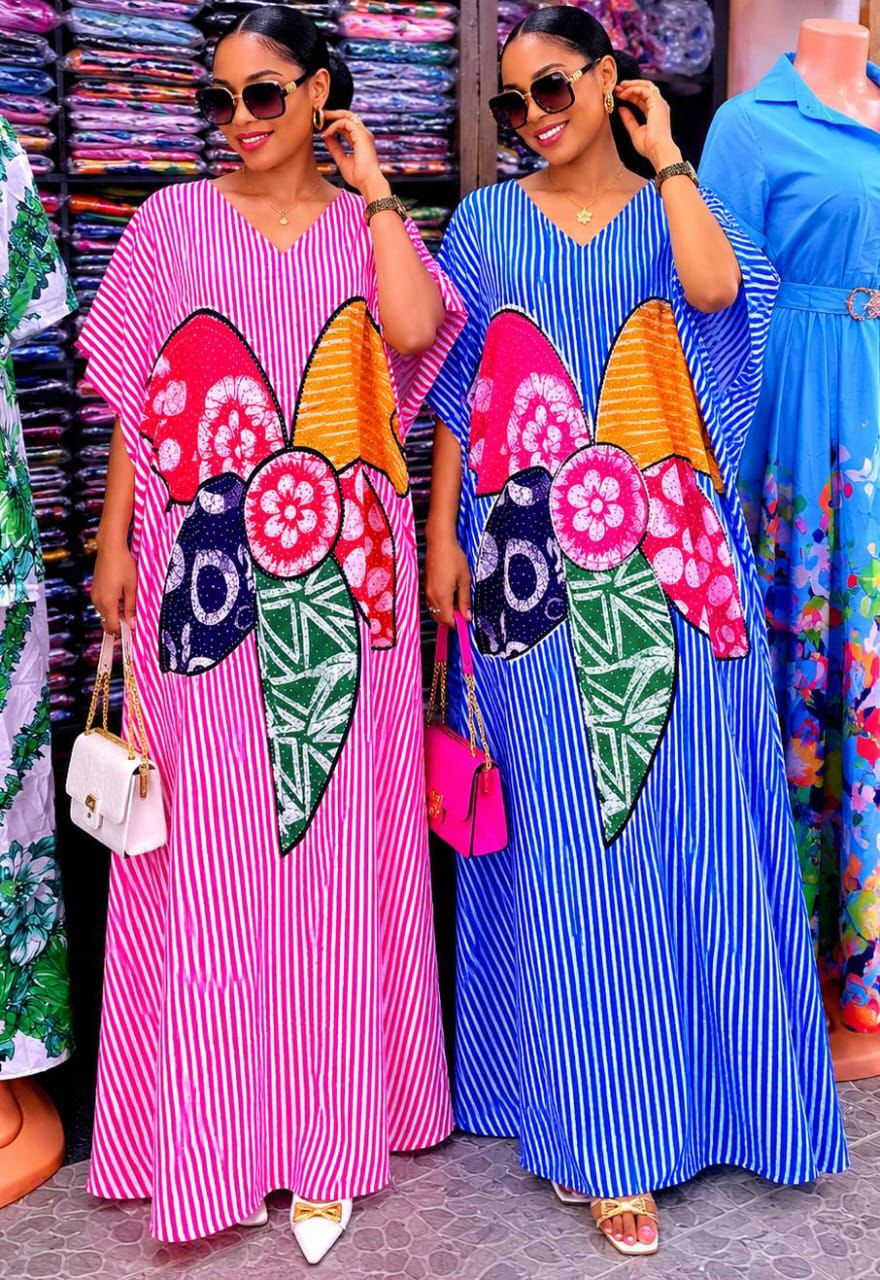 Robe Longue Kaftan Rayée Femme – Motif Floral Multicolore | Coupe Ample Élégante