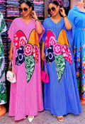 Robe Longue Kaftan Rayée Femme – Motif Floral Multicolore | Coupe Ample Élégante