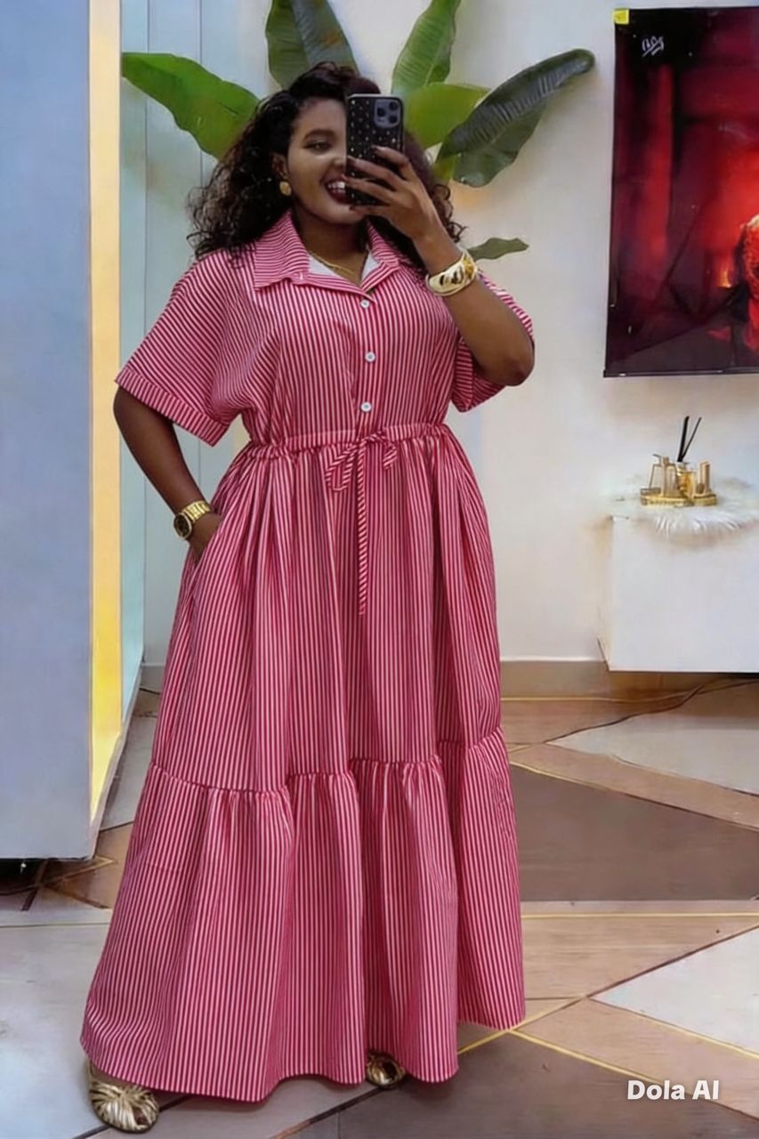 Robe Longue Kaftan Rayée Femme – Motif Floral Multicolore | Coupe Ample Élégante