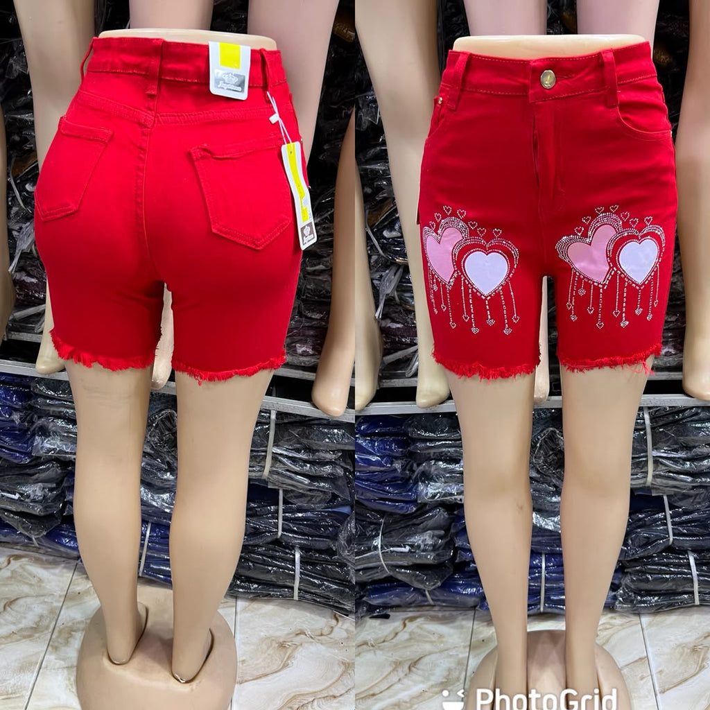💖 Short Jean Taille Haute Cœurs Strass 💖