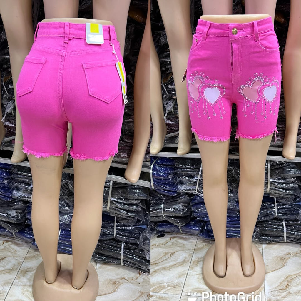 💖 Short Jean Taille Haute Cœurs Strass 💖